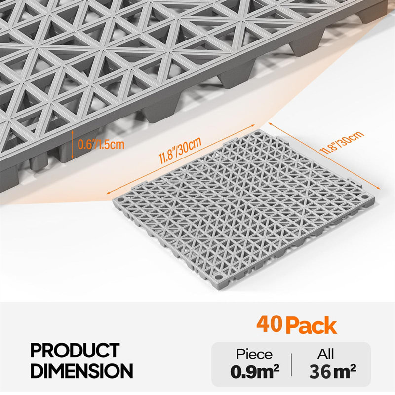 12" X 12" Interlocking Drainage Mat Drainage Tiles Non-Slip With Holes In Grey, Grey