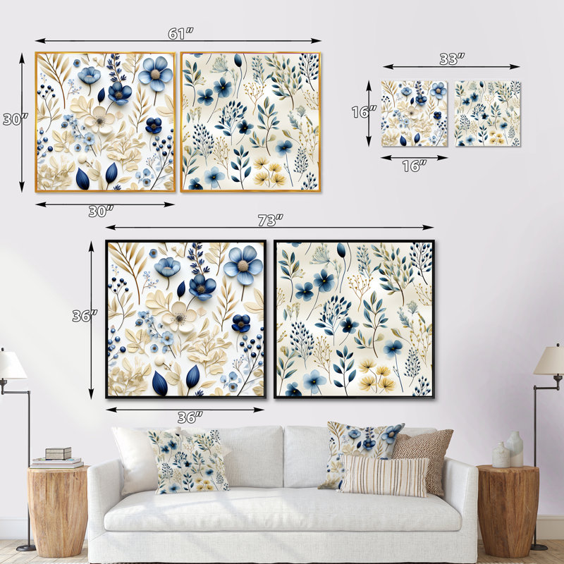 Stretford - Ensemble de 2 collages carrés floral et botanique, H 16 po x l 33 po, Cadre flottant blanc