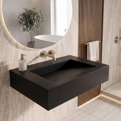 Pyramid 30" Wall Mounted Rectangular Solid Surface Bathroom Sink in Matte Finish for Wall Mounted Faucets - Black