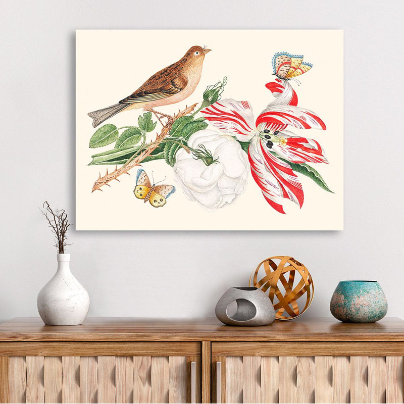 A Bird On A Branch With Rose, Tulip And Butterflies by Anonymous - Wrapped Canvas Art Prints, 50cm H x 70cm W x 4cm D