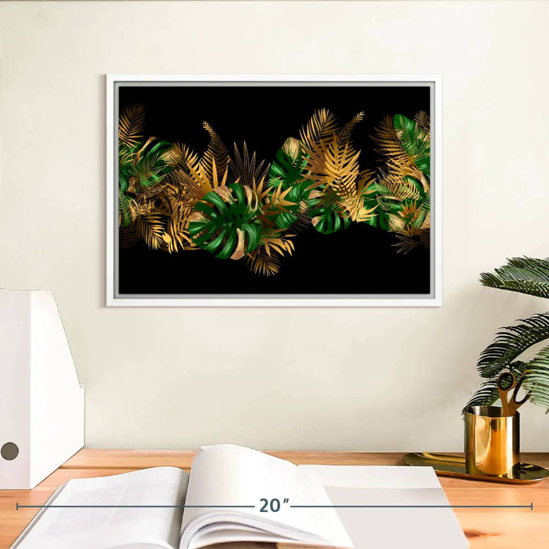 Feuilles dorées et vertes, Cadre flottant blanc, 13 po x 9 po