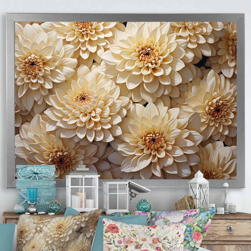 «White Minimalisme Chrysanthemums», mosaïque sur toile, H 24 po x l 32 po x P 1 po, Cadre simple argenté