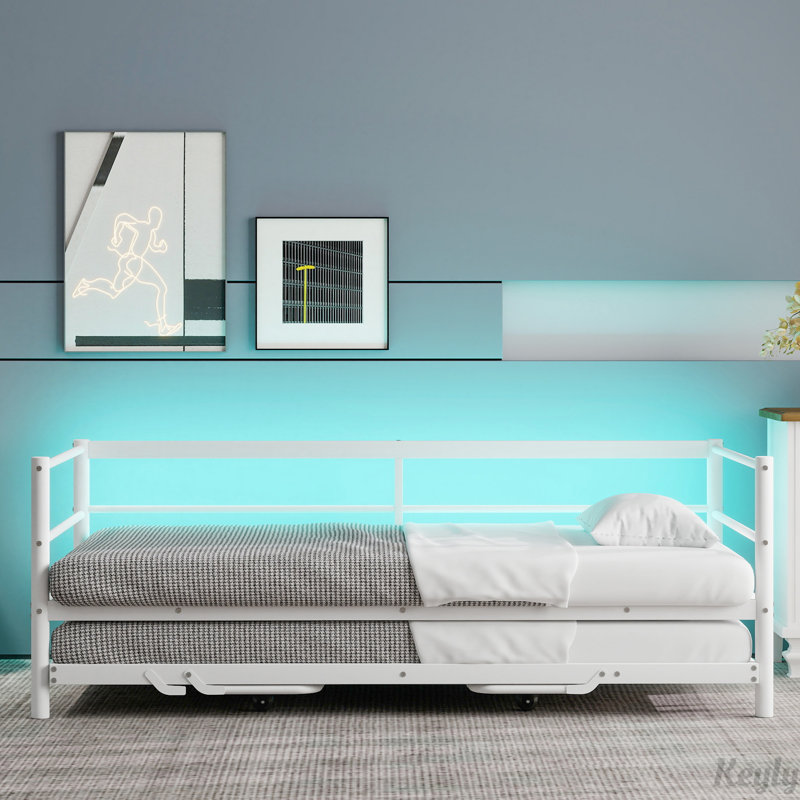 Metal Daybed with LED and Adjustable Trundle, Pop Up Trundle, White