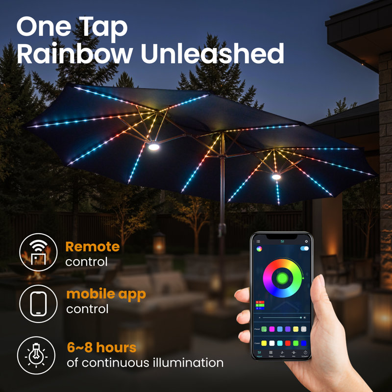 14.5 Ft X 8.3 Ft Rectangular Led Light Market Umbrella With Remote & App-Controlled Color-Changing Lights And Base, Tan