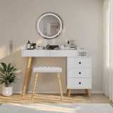 Dressing Table With LED Lights Glass Top Dressing Table With Extendable Side Table 5 Drawers Dressing Table With Mirror And Stool For Bedroom