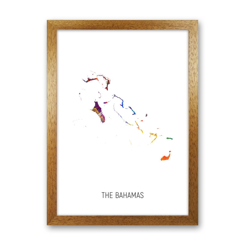 The Bahamas Watercolour Map by Michael Tompsett - Print, 46cm H x 34cm W x 3cm D, Brown Framed