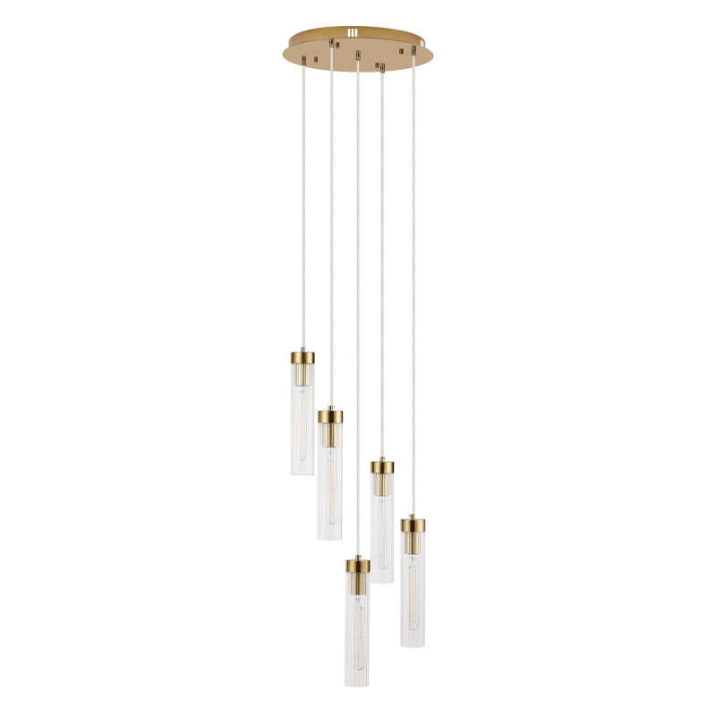 Beau luminaire suspendu 5 lumières à abat-jour cylindrique nervuré 5 lumières, Gold