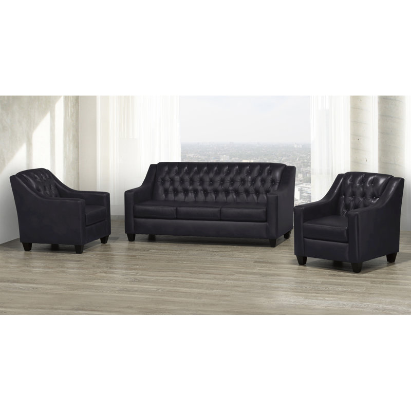 Ensemble de salon en cuir véritable 3 pièces Debolt, Cuir synthétique noir