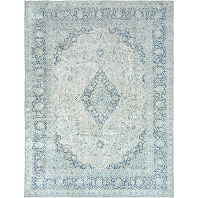 Tapis ivoire et bleu marine noué à la main de haute qualité