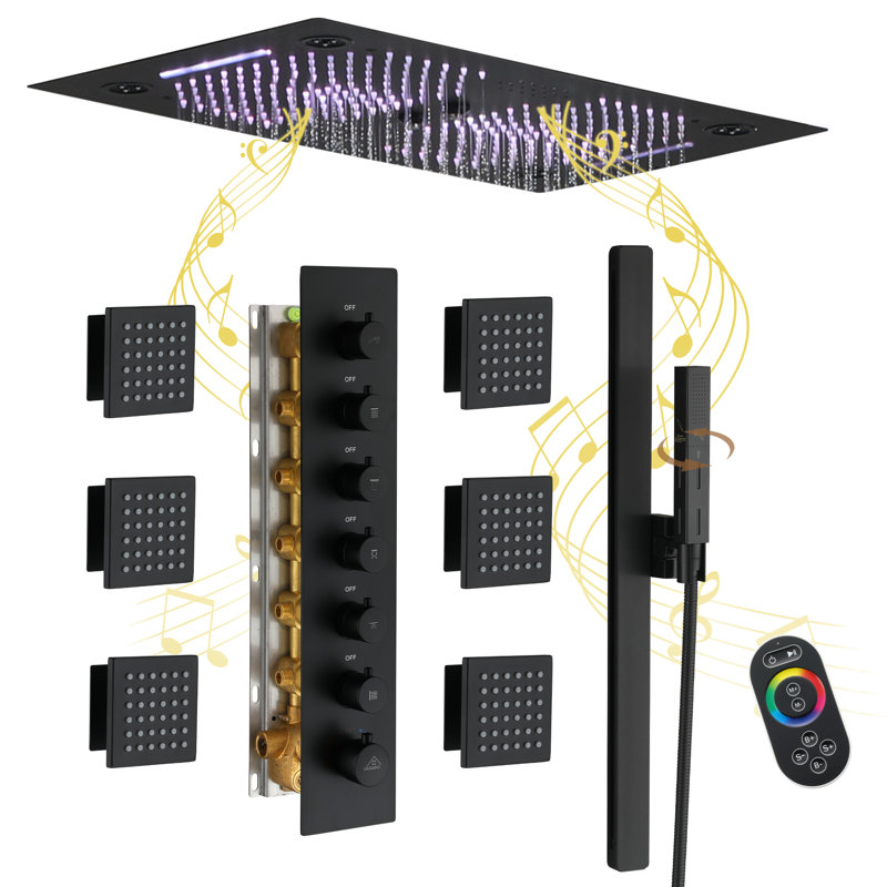 Rodeo 27.5-Inch LED&Music Rainfall Thermostatic Shower System with Slide Bar and 2-in-1 Handheld, Matte Black
