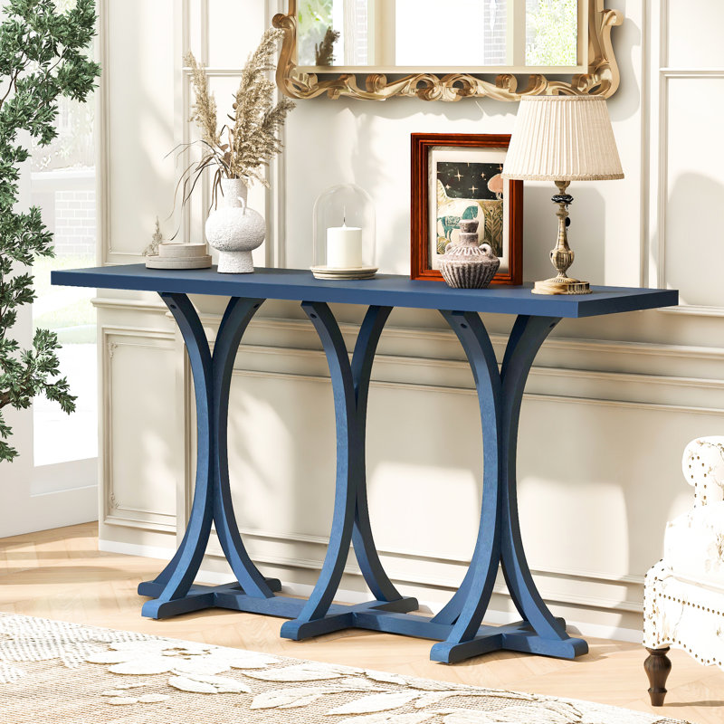 Console en bois de style U de 152 cm (59,8 po) avec plateau en placage de chêne, pieds incurvés en bois d'hévéa, idéale pour une entrée, derrière un canapé, dans une cuisine ou un couloir. Placage parfait pour exposer des vases et autres objets d'art.