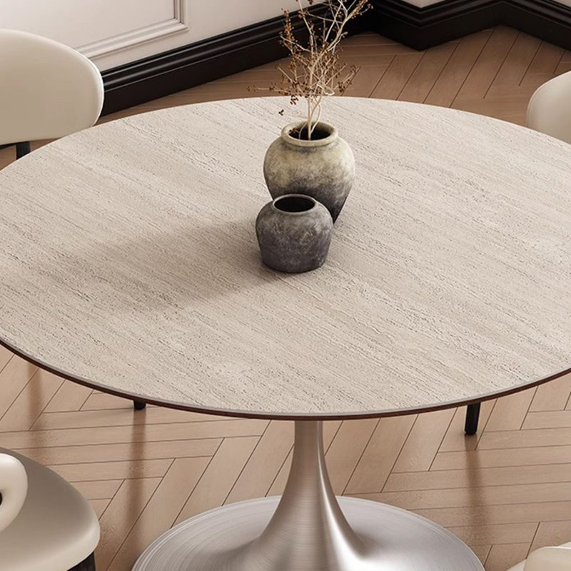 Table de salle à manger Beige + Pierre frittée ronde argentée + acier inoxydable, H 29,53 po x L 43,31 po x l 43,31 po