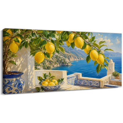 Très grand art mural citron, terrasse Amalfi Coast | Terrasse de style Amalfi avec une mer bleue, des accents carrelés et des branches de citron pour les cuisines, les salles à manger et les coins-repas de 24 po x 47 po
