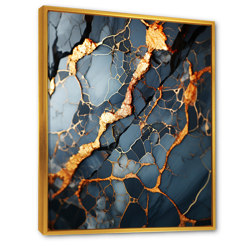Gris et or abstrait marbre granit III - reproduction d'art abstrait mural, Cadre flottant doré, H 40 po x l 30 po x P 1,5 po