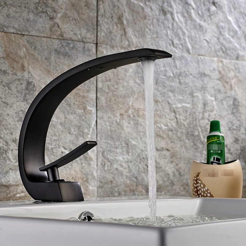 Black Single Hole Bathroom Tap - Handle, Tarnish Proof Brushed Lavatory Faucet Geometric, Fingerprint, Matte Black