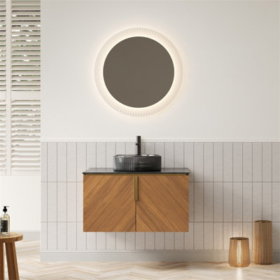 Meuble-lavabo de salle de bain, armoire de rangement murale moderne en contreplaqué avec portes doubles, lavabo rond en verre transparent et comptoir en pierre frittée