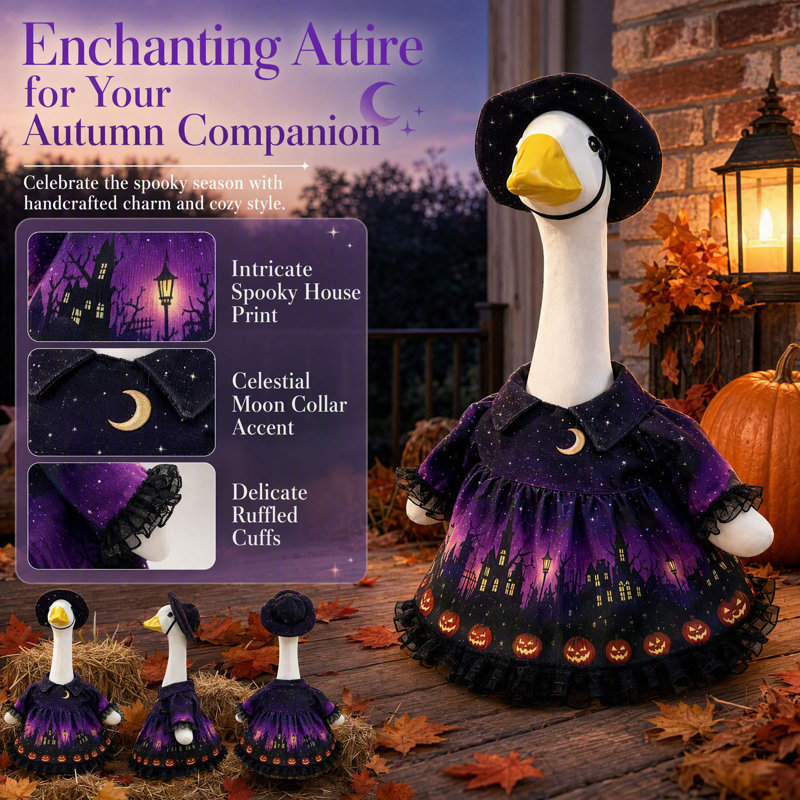 Décorations d'Halloween : Ensemble de costume d'Halloween pour porche avec robe imprimée et chapeau de sorcière, château hanté, citrouille, décor de jardin pour les fêtes
