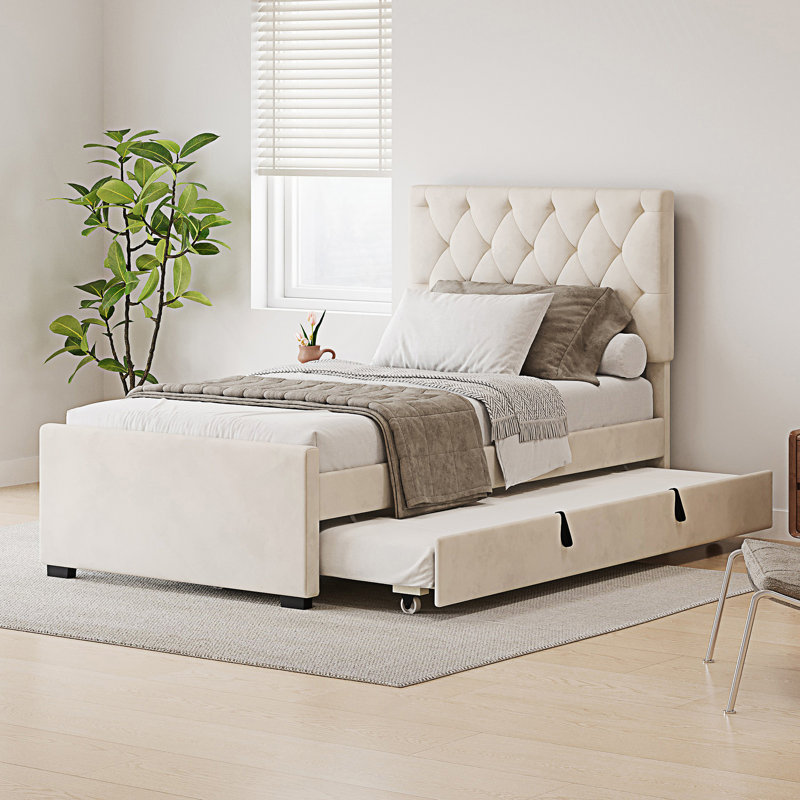 Lit plateforme simple tapissier avec lit gigogne et tête de lit capitonnée réglable
