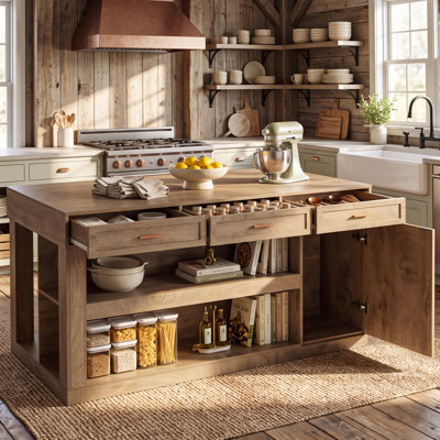 70.87" Large Kitchen Island with Storage Drawers, Cabinet, Open Shelves & Seating, Rustic Oak Countertop Kitchen Work Station for Dining Room