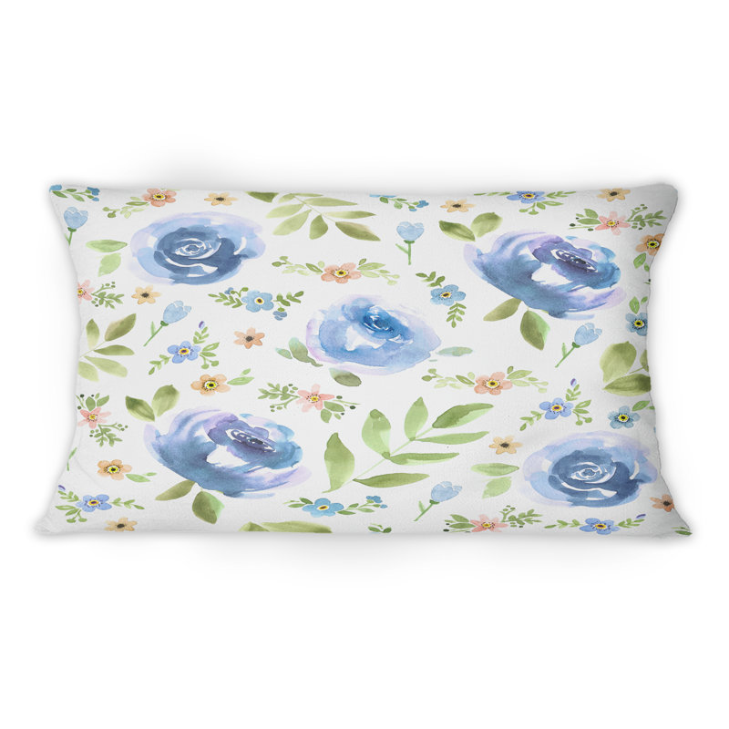Coussin décoratif à imprimé traditionnel 12 "x 20" Blue Roses And Forget-Me-Not