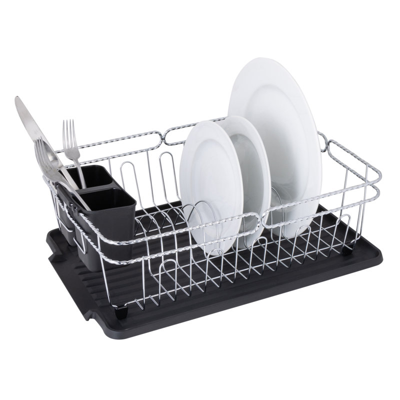 Black and Chrome Metal Countertop Dish Rack with Utensil Cup