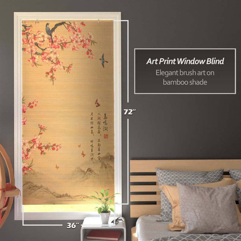 Fenêtre en bambou - abat-jour romain semi-diaphane brun / rose Sakura Blossom, L 36 po x L 72 po