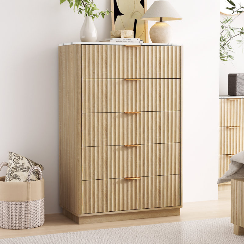 Fluted 5 - Drawer Dresser, Wooden Dresser Chest Of 5 Drawers For Bedroom, Oak/White Marble