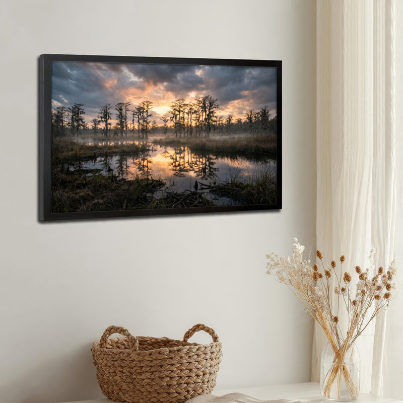 Toile noire encadrée en bois noir pour le salon, la chambre à coucher, le bureau ou le vestibule - Décoration murale décorative avec marais coucher de soleil