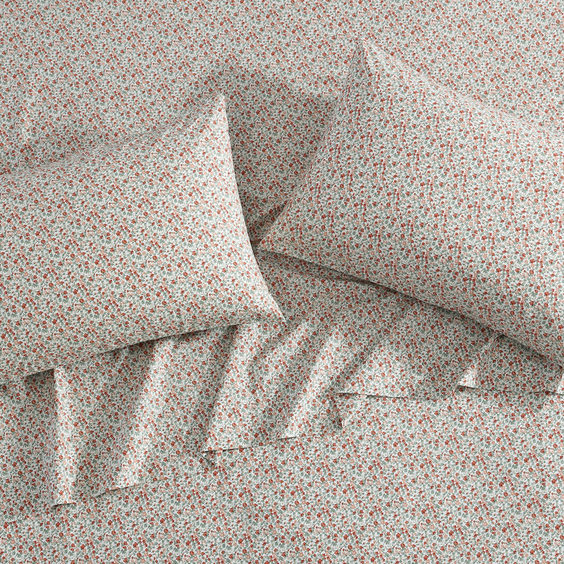 Percale Novelty 200 Thread Count Printed Cotton Sheet Set, Queen Sheet Set with 2 Standard Pillowcases,  Orange Emogene