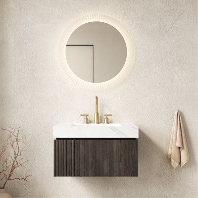 Meuble-lavabo de salle de bain de 76 cm avec dessus en pierre frittée blanche et lavabo en céramique, porte de tiroir flottante en contreplaqué, préassemblé, meuble-lavabo à ouverture et fermeture faciles, lavabo de rangement avec 3 trous percés.