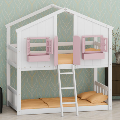 House Bunk Bed with Roof, Window Box, Door, Safety Guardrails and Ladder