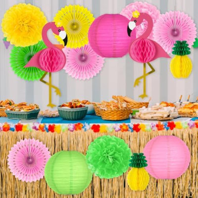 13 pièces de décorations de fête hawaïennes, décorations de fête Luau, flamants roses et ananas en papier nid d'abeille, fleurs et lanternes pour l'été