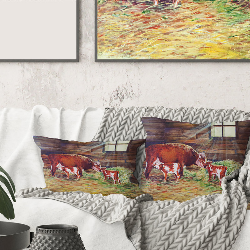 Carré, nouveau-né veaux simples à la ferme - Coussin décoratif imprimé maison de campagne, 18" x 18"