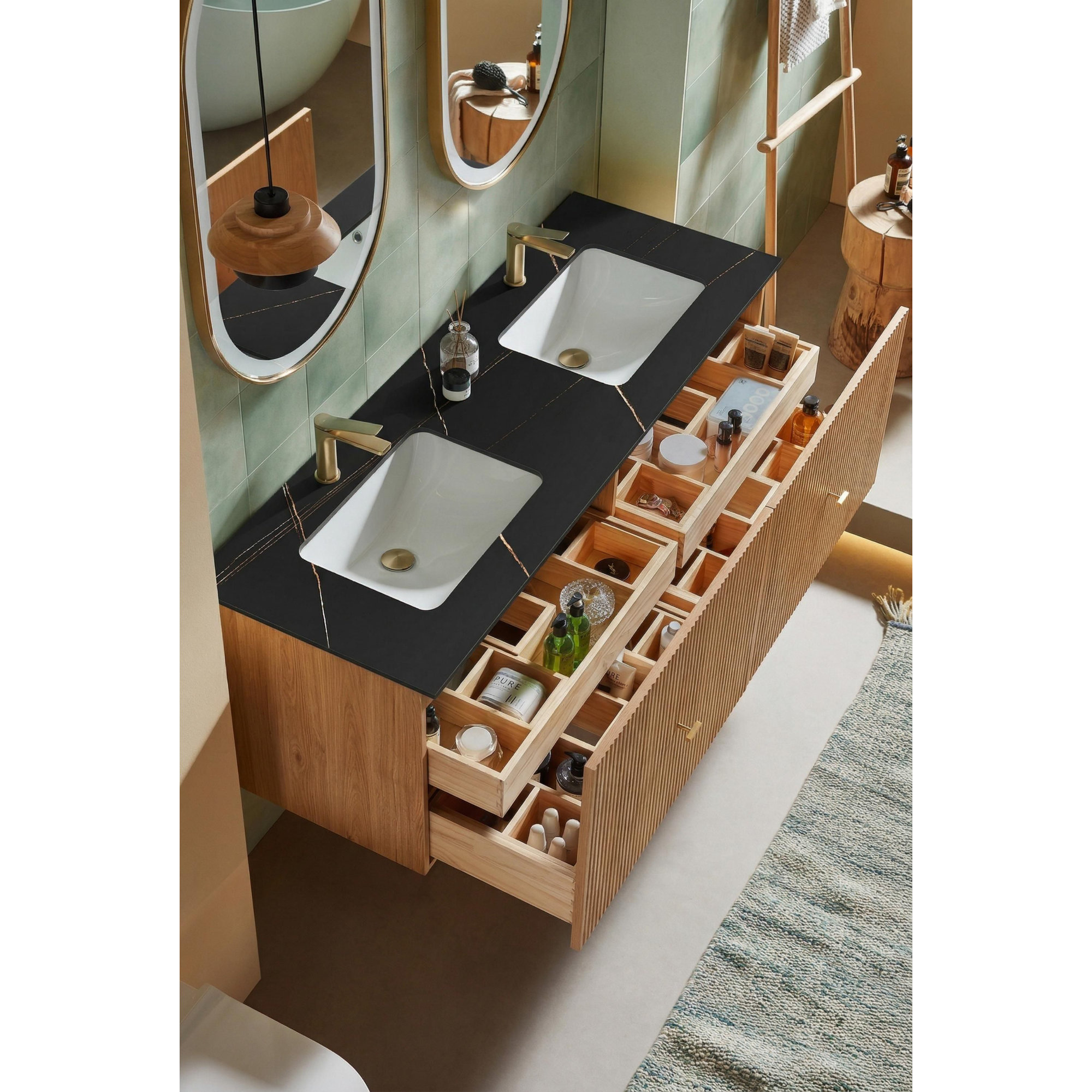 Jamell 60'' Double Bathroom Vanity, Natural Oak, Black