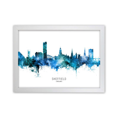 Sheffield England Skyline Blue City Name by Michael Tompsett - Print