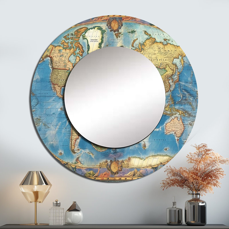 Samyla Vintage World Map II - miroir mural carte du monde, miroir décoratif rond moderne, impression d'art en métal