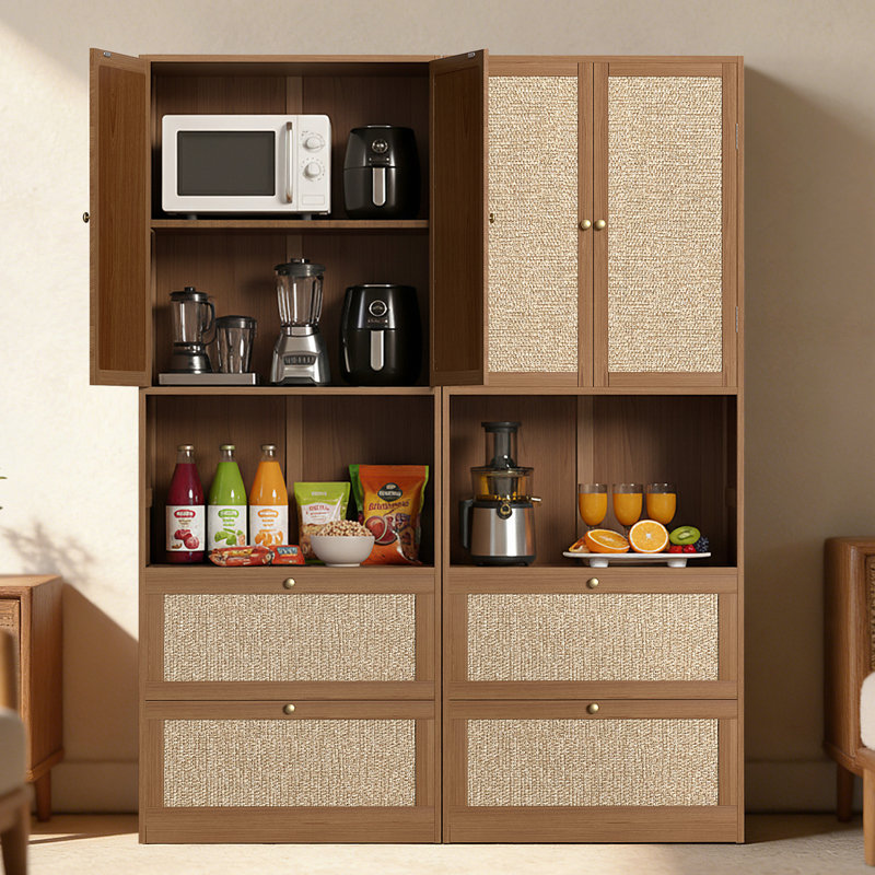 Armoire de cuisine en bois de 72 po H 72 po - Rangement pour garde-manger en rotin avec port USB, fermeture en douceur et tablette ajustable en hauteur, pour le vestibule ou la salle à manger, noyer