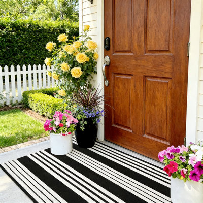 Black White Striped Outdoor Rug Cotton Woven Washable Reversible 3X5