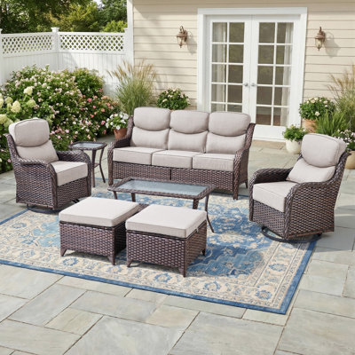 Abbey 7-Piece Wicker Patio Conversation Set With Coffee Table & 6-Inch Luxury Cushions Swivel Chairs, Side Table