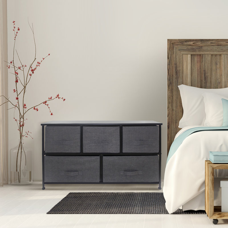 Sorbus Dresser with 5 Drawers with Steel Frame, Wood Tops, and Fabric Bins, Black