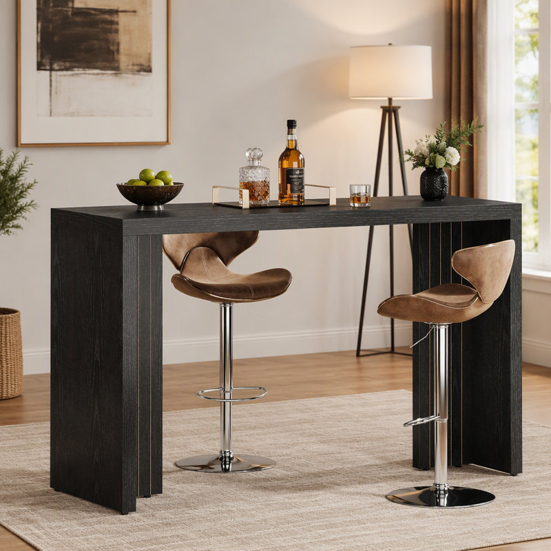 55" Bar Table, Modern Counter Height Pub Table with Spacious Tabletop for Home Kitchen, Natural Brown