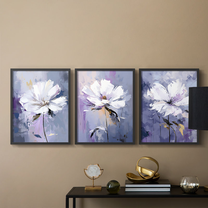 Étude florale série CXLIV - ensemble de 3 estampes numériques encadrées - prêt à, Cadre noir, H 20 po x l 16 po