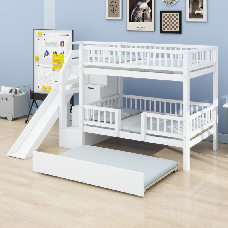 Lit superposé polyvalent pour enfants avec escalier de rangement multifonctionnel, accessoire de glissade et lit gigogne supplémentaire