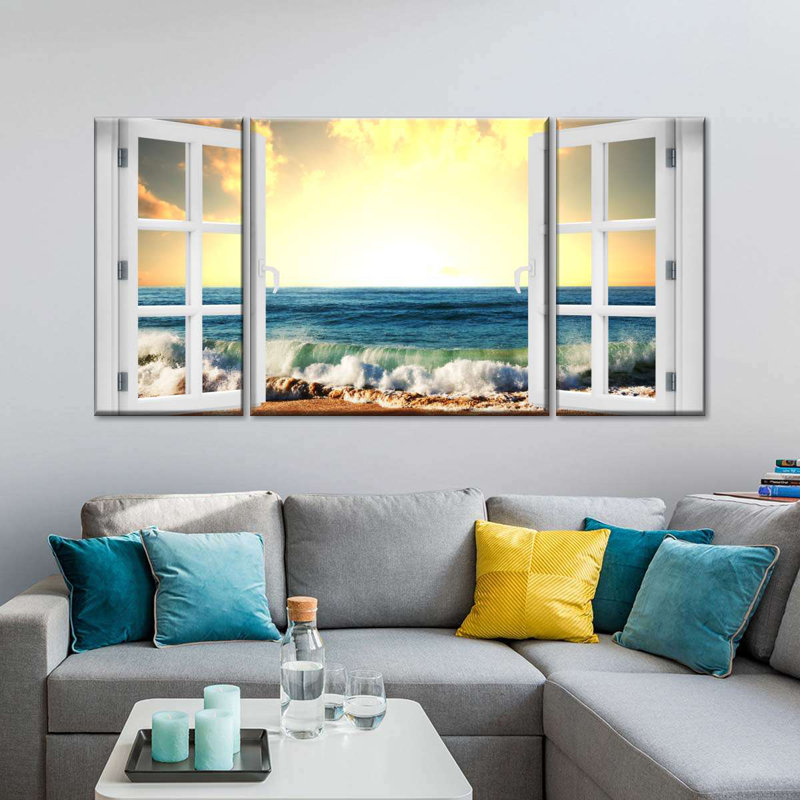 Ensemble de 3 couchers de soleil sur la plage à la plage ondulée sur toile, H 36 po x l 74 po x P 1,25 po