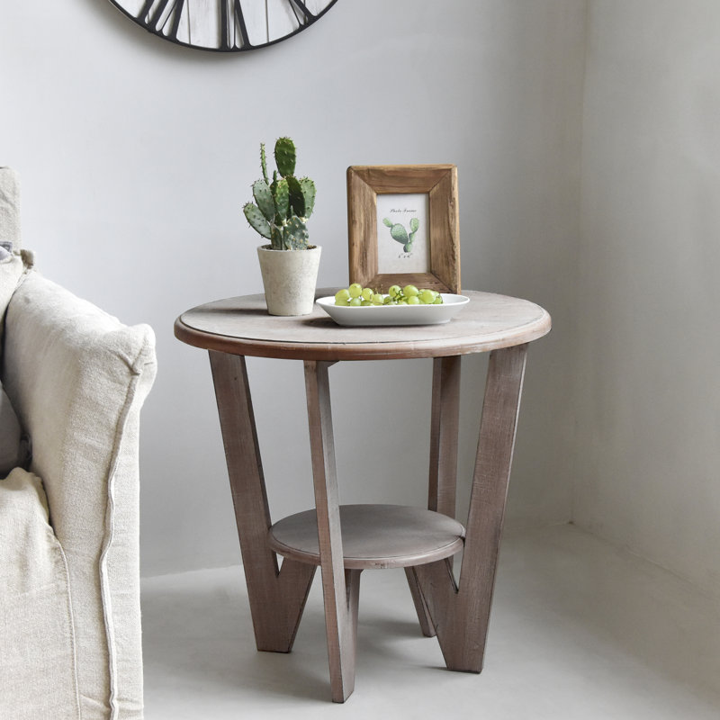 Cabrero Farmhouse Rustic Round End Table with Shelf, 23.27" H x 23.74" W x 23.74" D, Caramel Brown