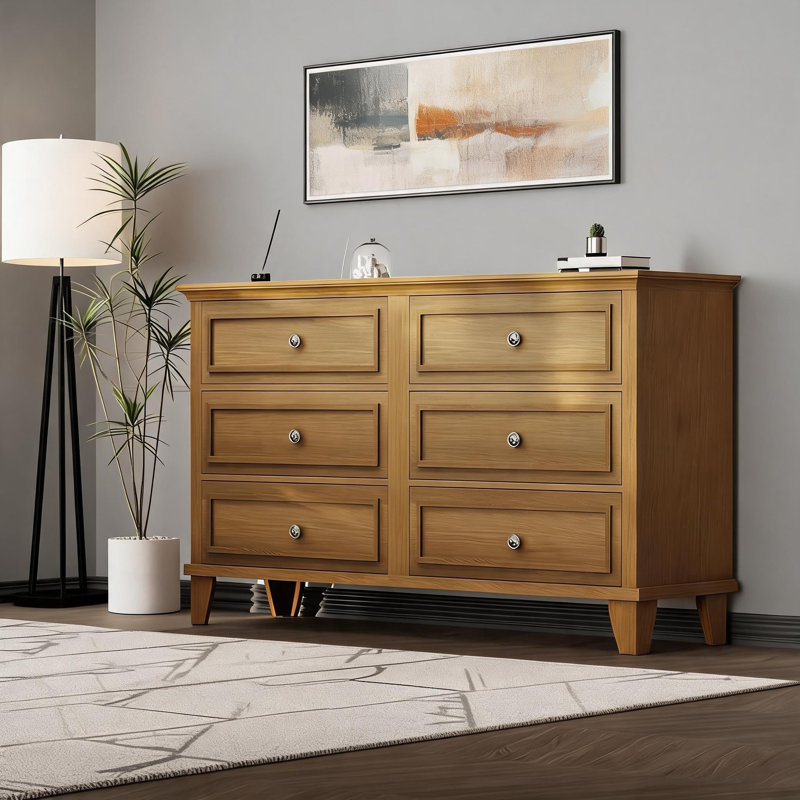 Commode spacieuse à 6 tiroirs pour la chambre à coucher - Commode en bois large moderne avec poignées en métal élégantes - Grand brun rétro