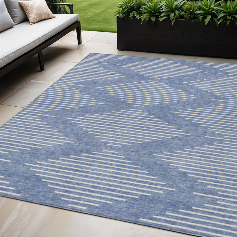 Tapis extérieur lavable à motif géométrique bleu et ivoire 5 pi x 8 pi