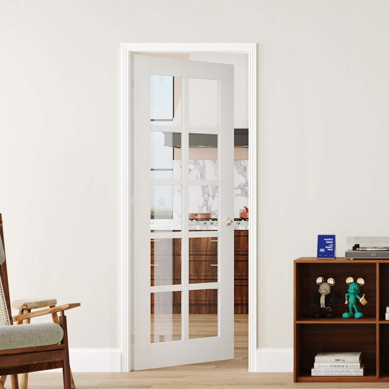 Porte intérieure française pré-montée double en verre transparent de style moderne à 10 panneaux, cadre ajustable, blanc massif et bois manufacturé avec cadre et poignée (ensemble de 2)