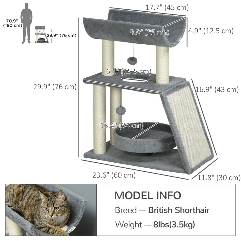 Arbre à chat Tucker Murphy Pet ™, petite tour pour chat avec perchoir, poteaux à griffer en sisal, patin à gratter, lit, boules suspendues, pour chats d'intérieur, gris clair