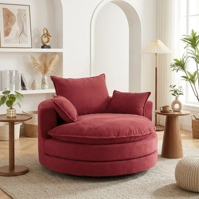 58" Oversized Round Swivel Accent Chair with Dual-Layer Cushion and 3 Removable Pillows Corduroy Upholstery